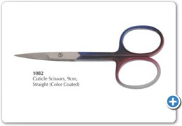 1082
Cuticle Scissors, 9cm
Straight (Color Coated)